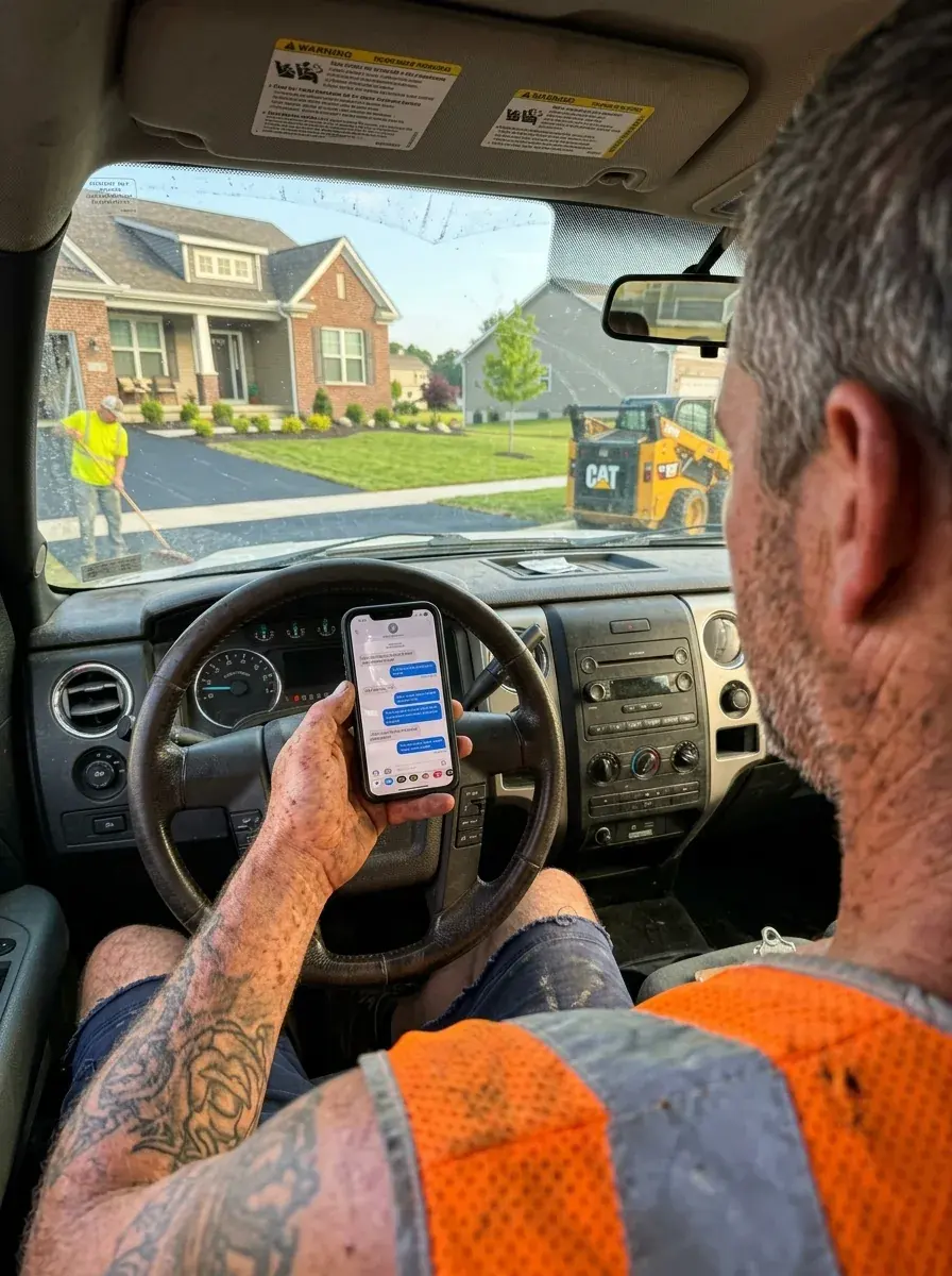 Contractor in his work truck texting his TradeSite assistant, with his crew finishing a job in the background
